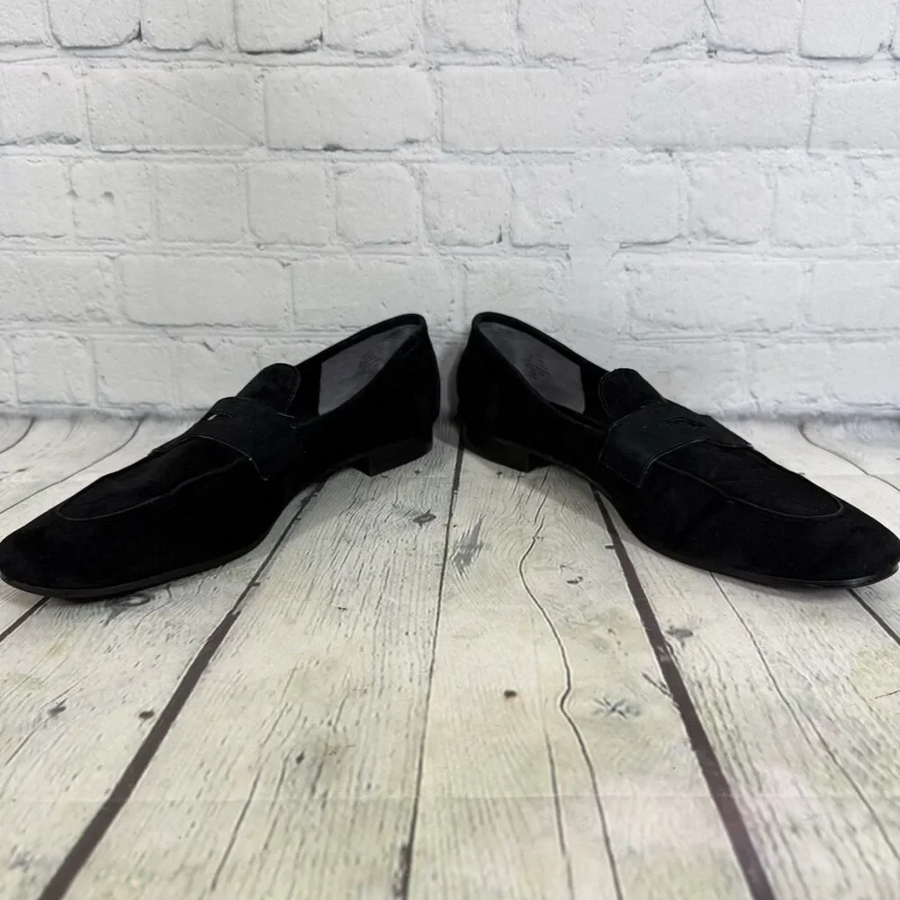 Marc Fisher Womens 9.5 Black Suede Penny Loafers Leather Slip On Flats Preppy